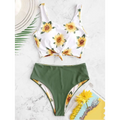 White knot front printed sunflower bikini featuring a white and green sunflower-print two-piece swimsuit with tied front top