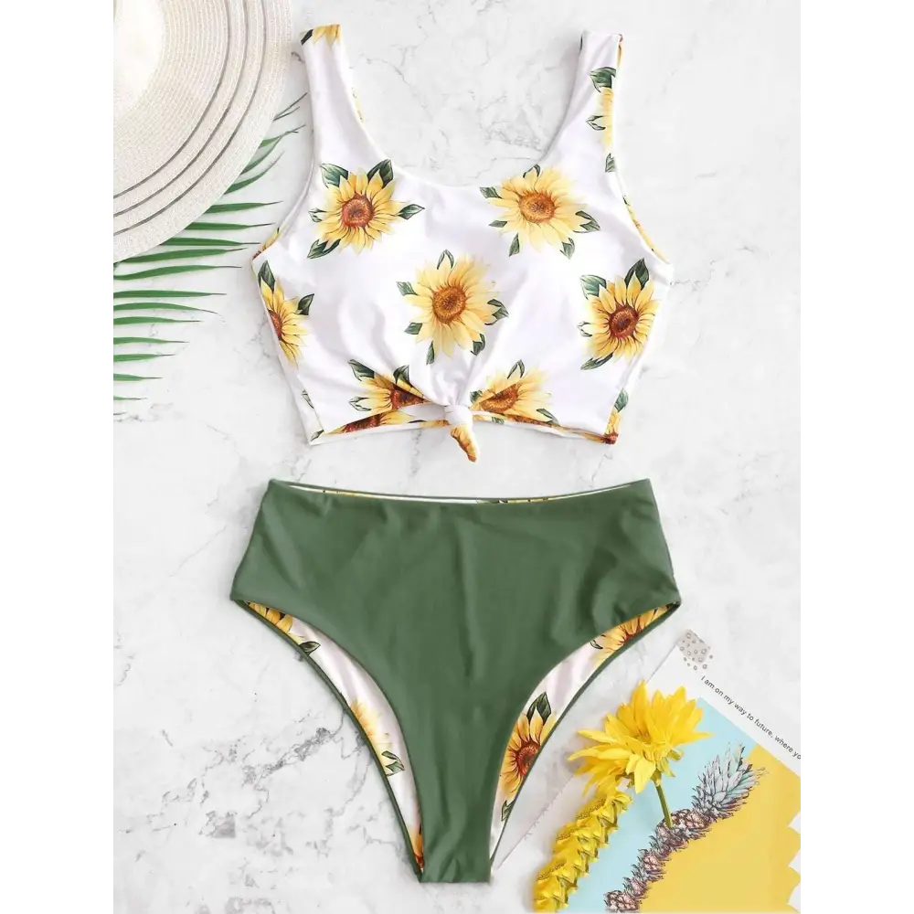 White knot front printed sunflower bikini featuring a white and green sunflower-print two-piece swimsuit with tied front top