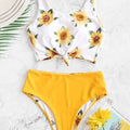 White knot front printed sunflower bikini top in white and yellow with front knot detail for a sunflower-print two-piece swimsuit