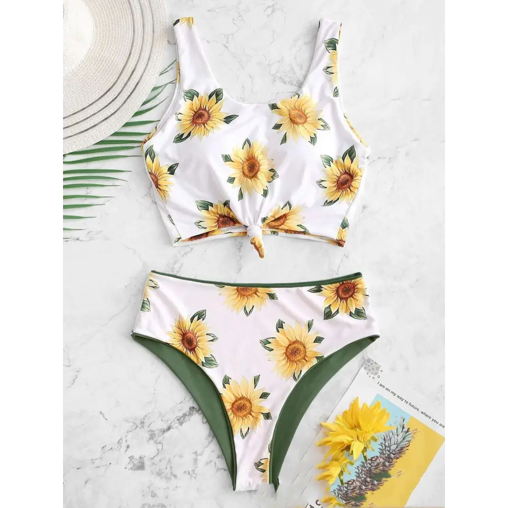 White knot front printed sunflower bikini featuring a white sunflower-print two-piece swimsuit with green trim and tied front detail