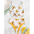 White sunflower-print two-piece swimsuit with yellow trim and tied front detail printed sunflower bikini