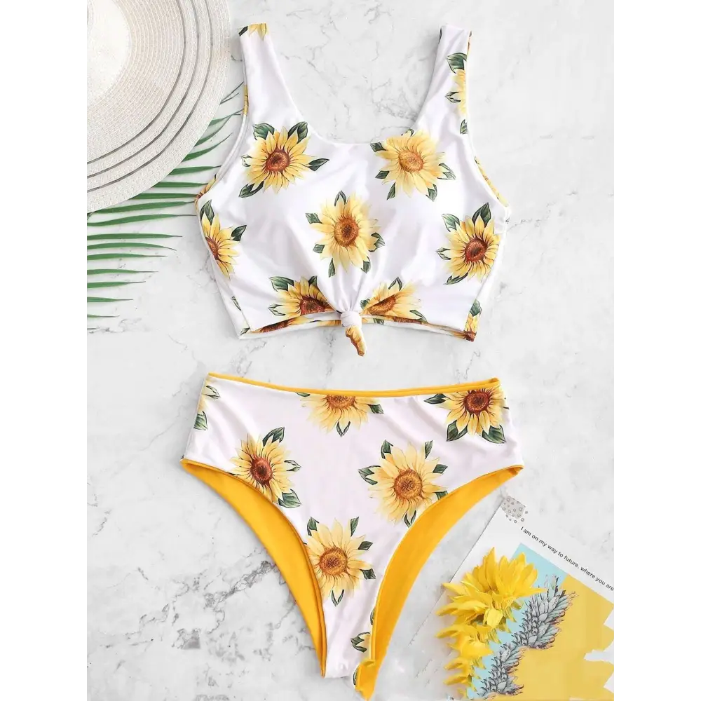 White sunflower-print two-piece swimsuit with yellow trim and tied front detail printed sunflower bikini