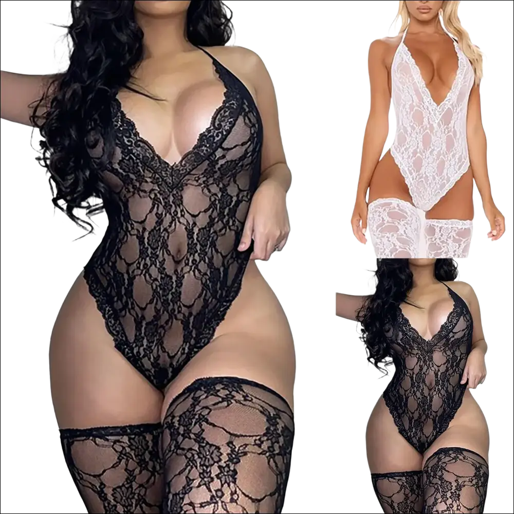 Black lace bodysuit with intricate floral patterns and matching thigh-high stockings 9e9e9e display ms-flexbox