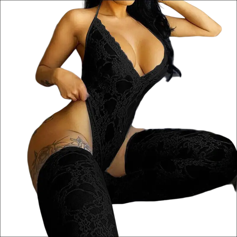 White lace bodysuit with stockings 9e9e9e plus size featuring black lace velvet-like fabric and intricate floral patterns