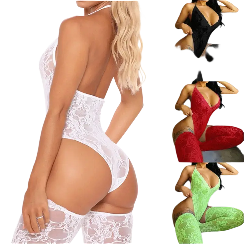 White lace bodysuit with matching thigh-high stockings featuring 9e9e9e color and display -ms-flexbox style in plus size