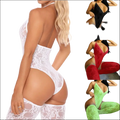 White lace bodysuit with halter neck and high-cut legs featuring intricate floral patterns in 9e9e9e plus size