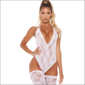 White lace bodysuit with halter neckline and matching thigh-high stockings in 9e9e9e plus size display -ms-flexbox style