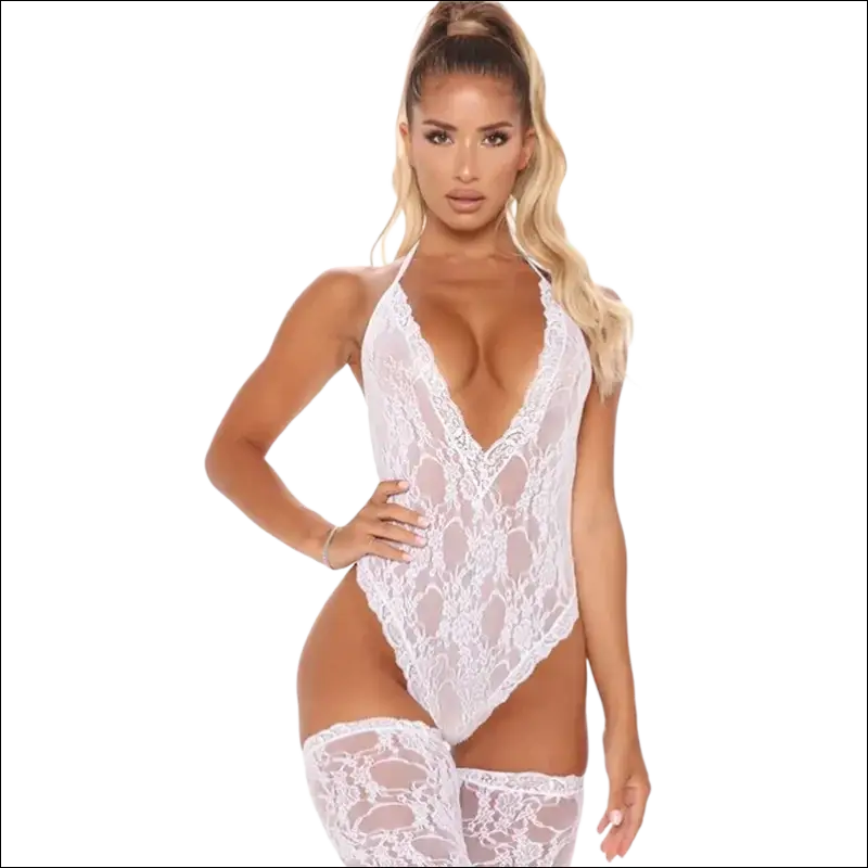 White lace bodysuit with halter neckline and matching thigh-high stockings in 9e9e9e plus size display -ms-flexbox style