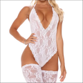 White lace bodysuit with intricate floral patterns and matching thigh-high stockings in 9e9e9e plus size display -ms-flexbox