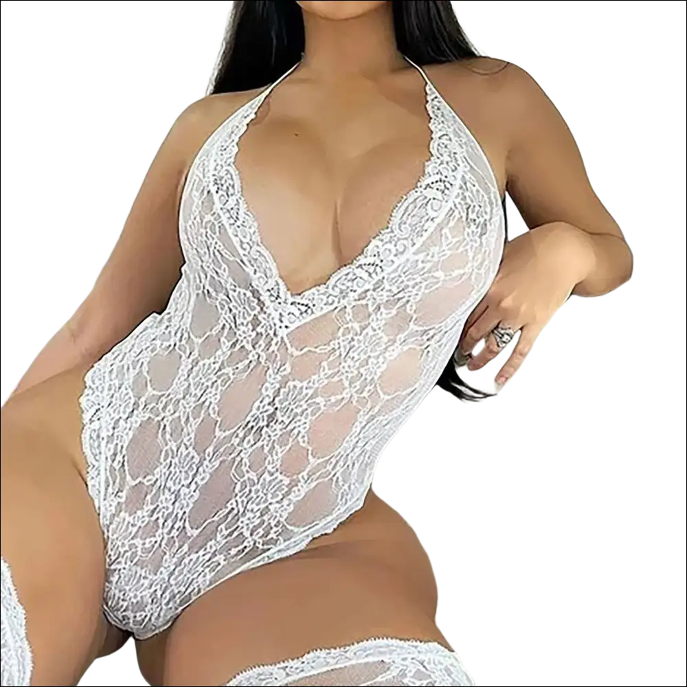 White lace bodysuit with intricate floral patterns and halter neckline featuring 9e9e9e display -ms-flexbox design