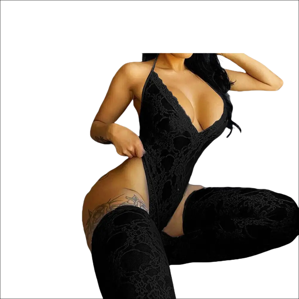 Black lace bodysuit with matching thigh-high stockings featuring 9e9e9e webkit-box display and ms-flexbox styling