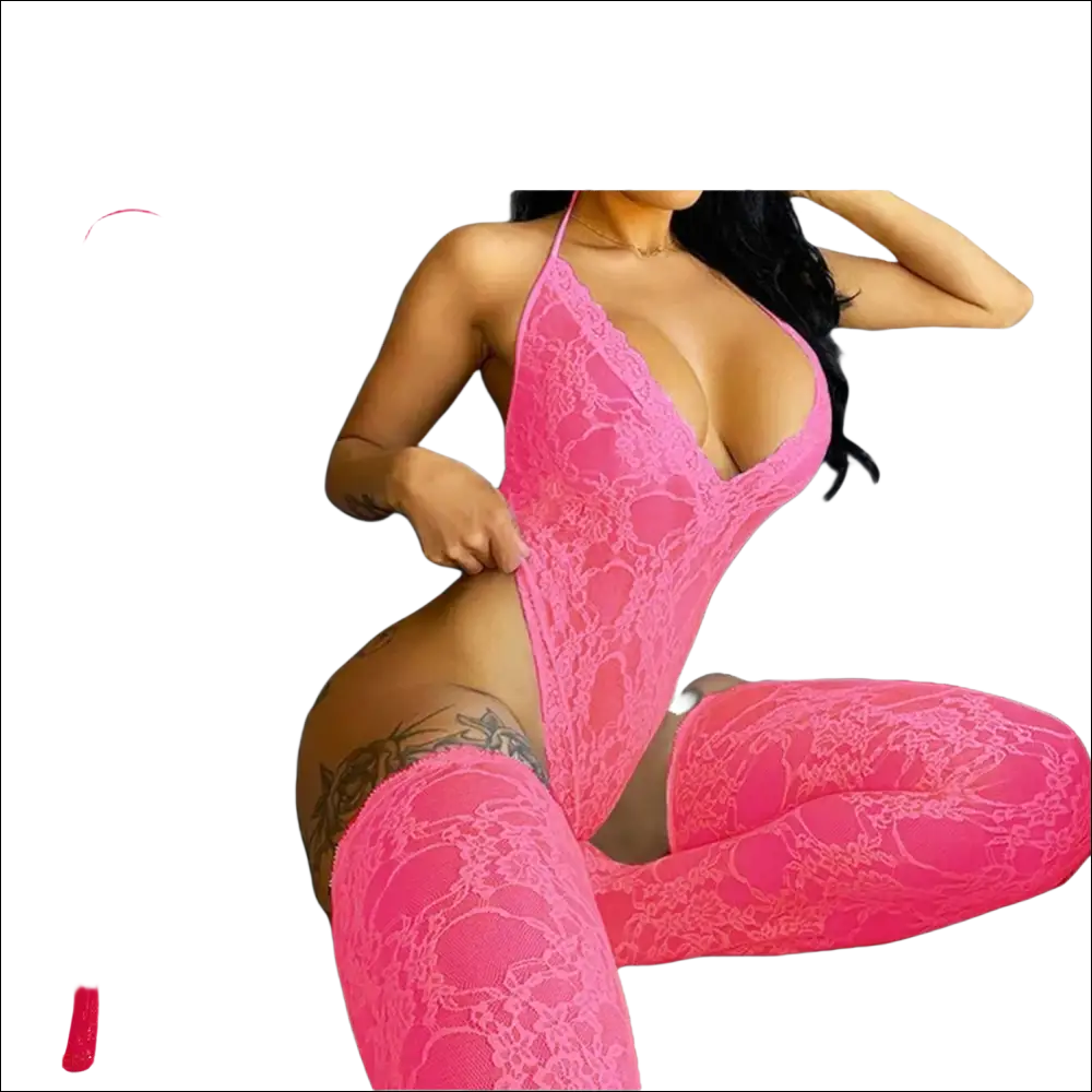 Pink lace bodysuit with matching thigh-high stockings in 9e9e9e fabric featuring display -ms-flexbox design