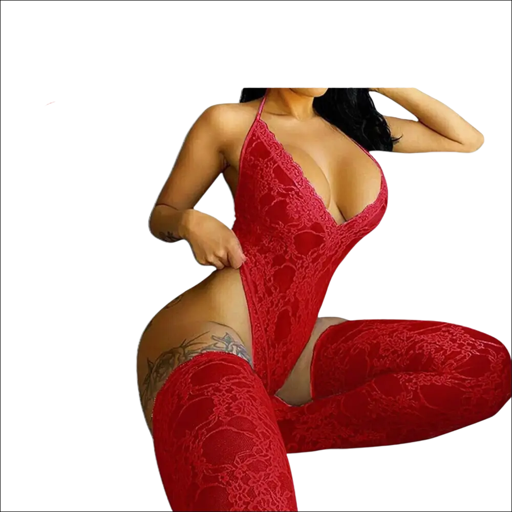Red lace bodysuit with matching thigh-high stockings featuring 9e9e9e -webkit-box display -ms-flexbox design