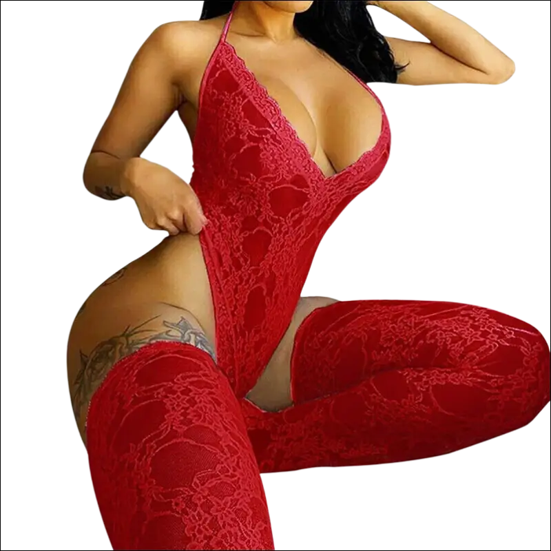 Red lace bodysuit with matching thigh-high stockings showcasing 9e9e9e display -ms-flexbox design for plus size wear