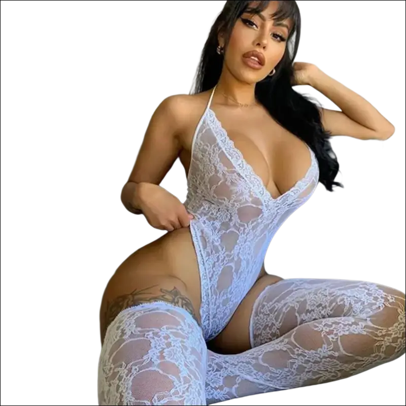 White lace bodysuit with matching thigh-high stockings 9e9e9e featuring -webkit-box display -ms-flexbox for plus size