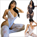 White lace bodysuit with matching thigh-high stockings in 9e9e9e plus size featuring display -ms-flexbox design