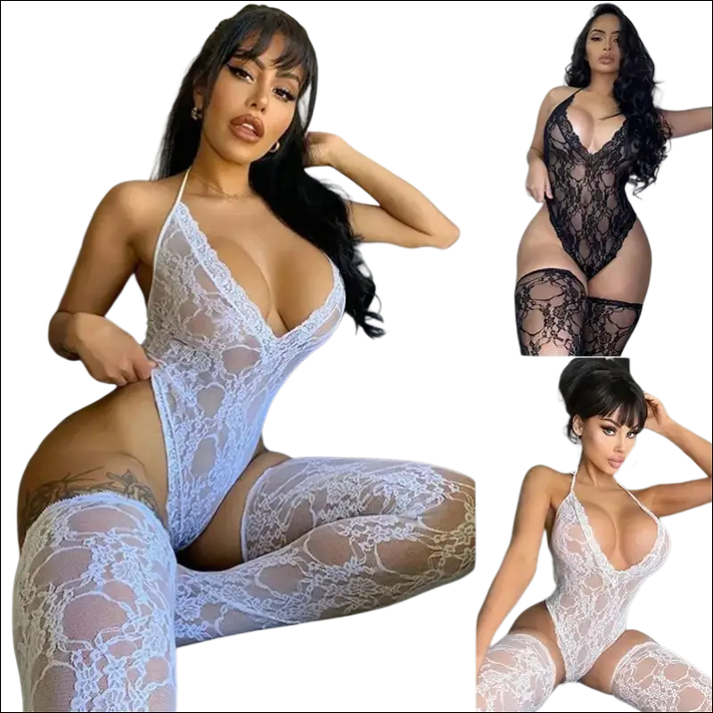 White lace bodysuit with matching thigh-high stockings in 9e9e9e plus size featuring display -ms-flexbox design