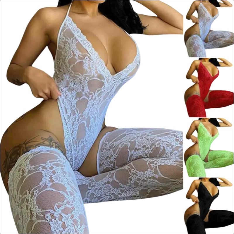 White lace bodysuit with matching thigh-high stockings in 9e9e9e plus size featuring display -ms-flexbox design