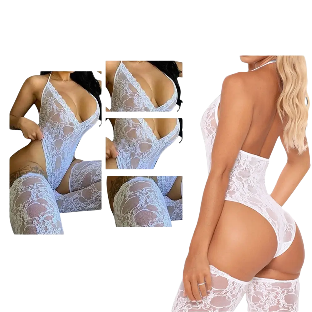White lace bodysuit with matching thigh-high stockings in 9e9e9e plus size featuring display -ms-flexbox style