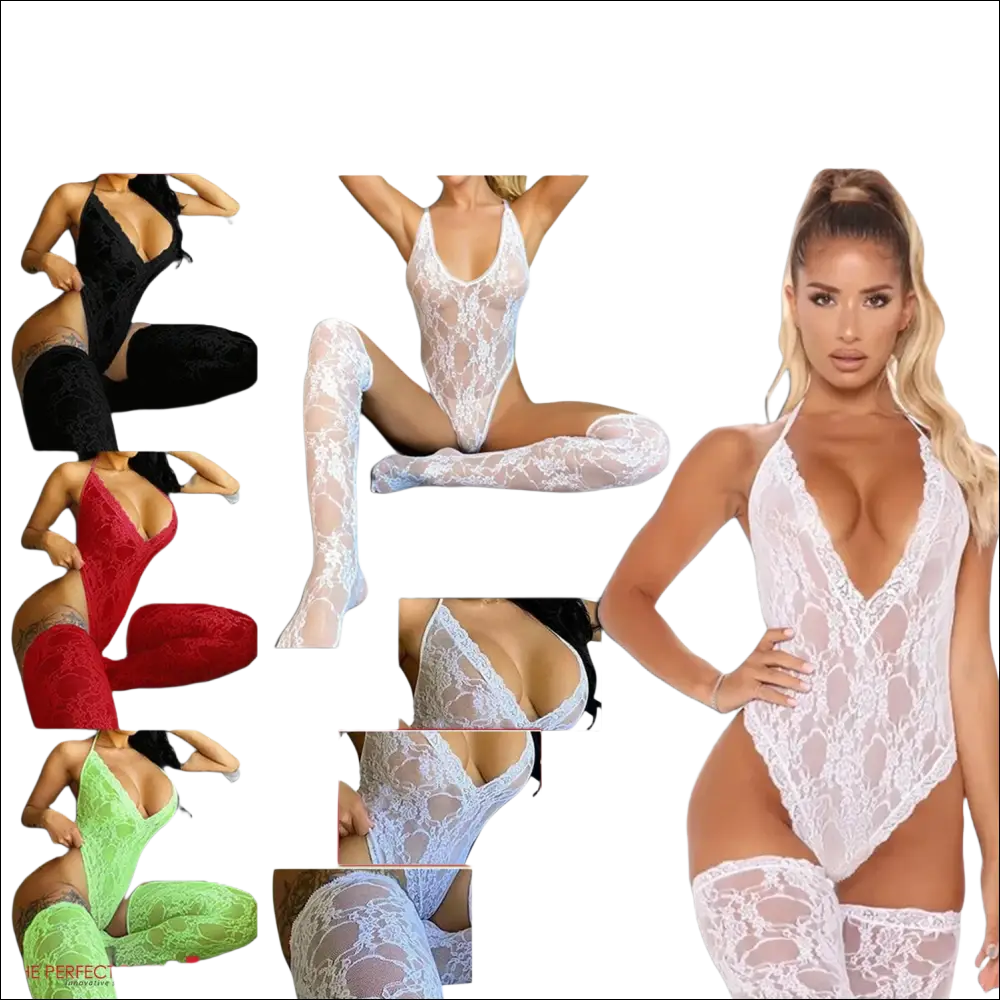 White lace bodysuit with matching thigh-high stockings featuring 9e9e9e color and display -ms-flexbox style in plus size