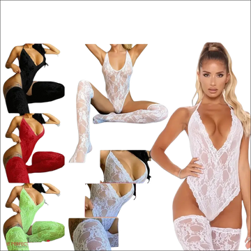 White lace bodysuit with matching thigh-high stockings featuring 9e9e9e color and display -ms-flexbox style in plus size