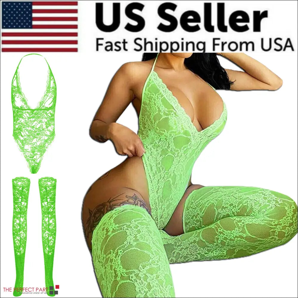 Vibrant neon green lace bodysuit with matching thigh-high stockings featured in 9e9e9e plus size display