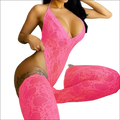A vibrant pink lace bodysuit with plunging neckline and matching thigh-high stockings perfect for 9e9e9e display use