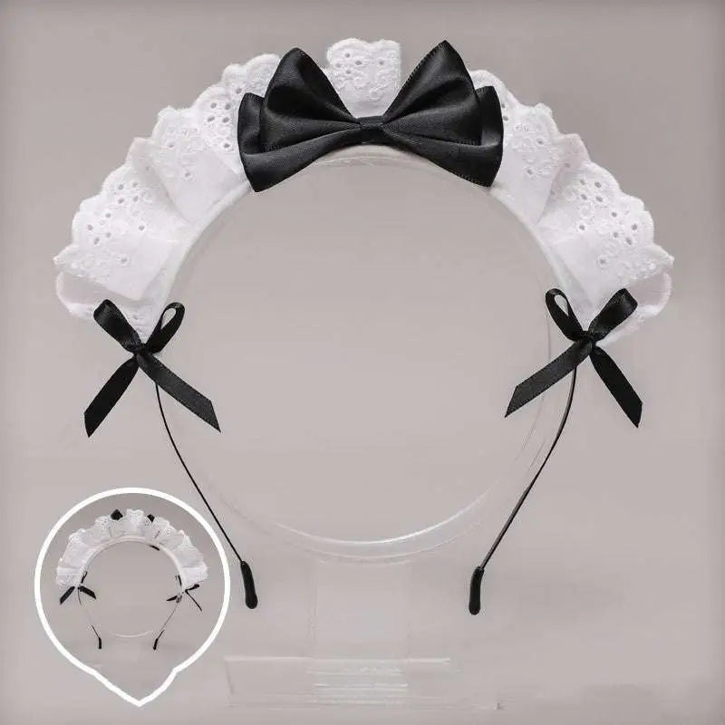 White lace bow maid headband featuring a central red satin bow and two smaller matching bows on the sides