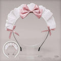 White lace bow maid headband with a soft pink satin bow and matching ribbon ties for elegant wear