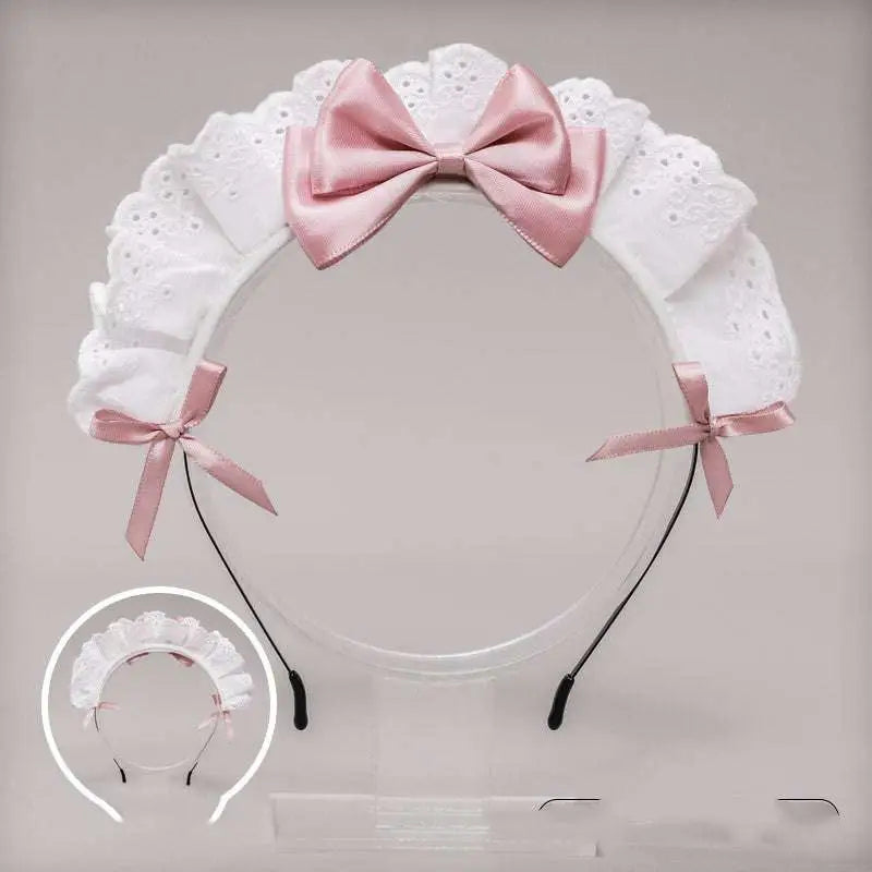 White lace bow maid headband with a soft pink satin bow and matching ribbon ties for elegant wear