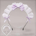 White lace bow maid headband with delicate lace, soft lavender satin bow, and matching ribbon ties for elegant wear