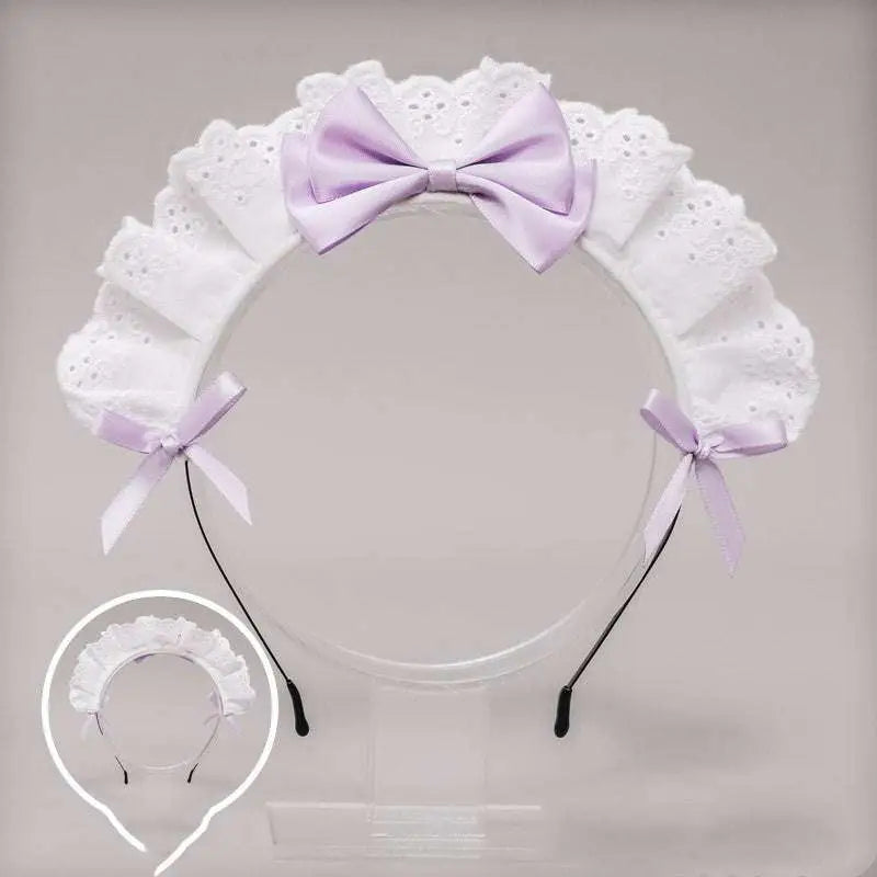 White lace bow maid headband with delicate lace, soft lavender satin bow, and matching ribbon ties for elegant wear