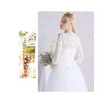 White lace floral wedding dress with three-quarter length sleeves and a flowing skirt for ladies party wear
