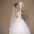 Elegant white lace floral bride veil featuring intricate delicate white lace detailing along the edge