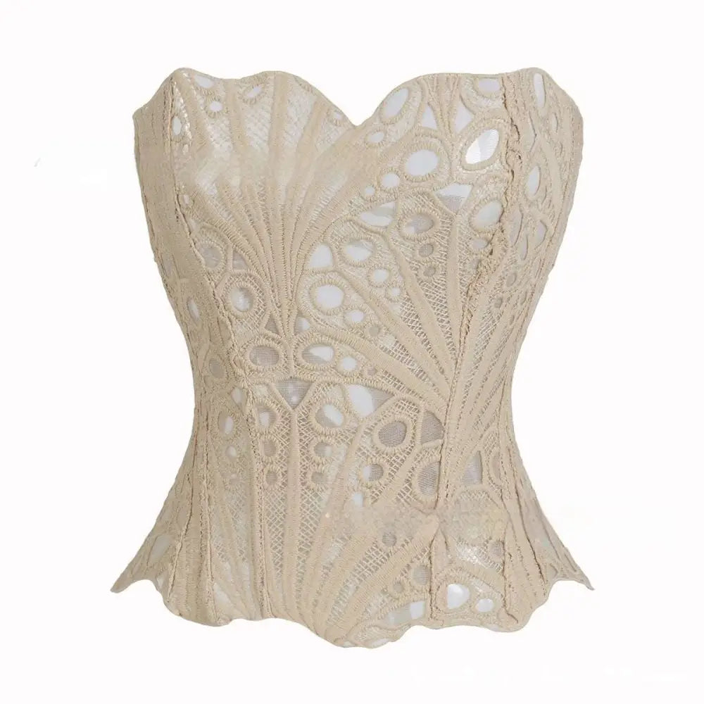 White lace hollow out party club corset clothing featuring intricate circular cutout patterns for streetwear party club