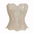Beige lace hollow out party club corset clothing with intricate floral patterns and fitted structured design