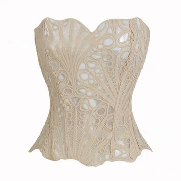 Beige lace hollow out party club corset clothing with intricate floral patterns and fitted structured design