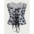 Black and white patterned club corset clothing with lace hollow detailing and adjustable black ribbon ties for streetwear party club