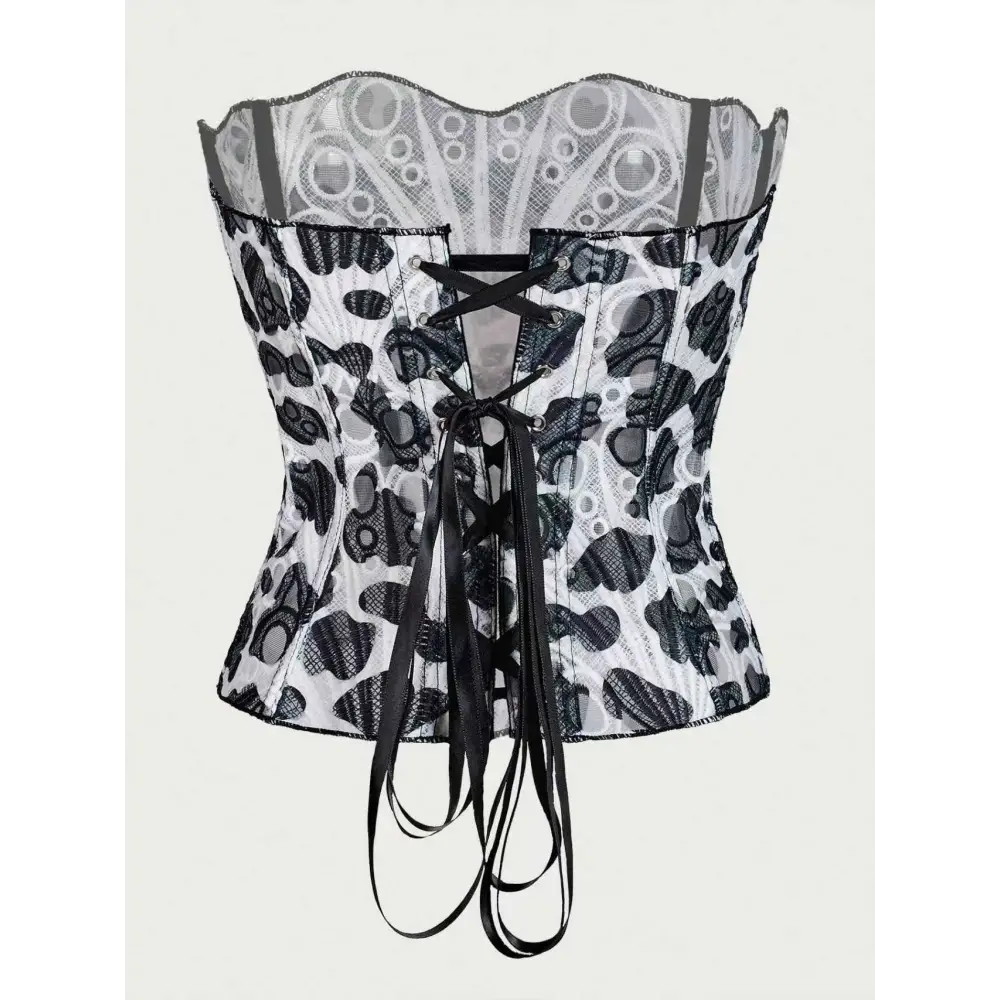 Black and white patterned club corset clothing with lace hollow detailing and adjustable black ribbon ties for streetwear party club