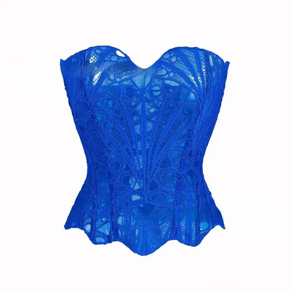 A vibrant royal blue lace hollow fan-shaped club corset clothing featuring a fitted structured design for streetwear party club