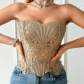 Beige lace hollow out corset top with intricate circular and feather-like cutout patterns ideal for streetwear party club