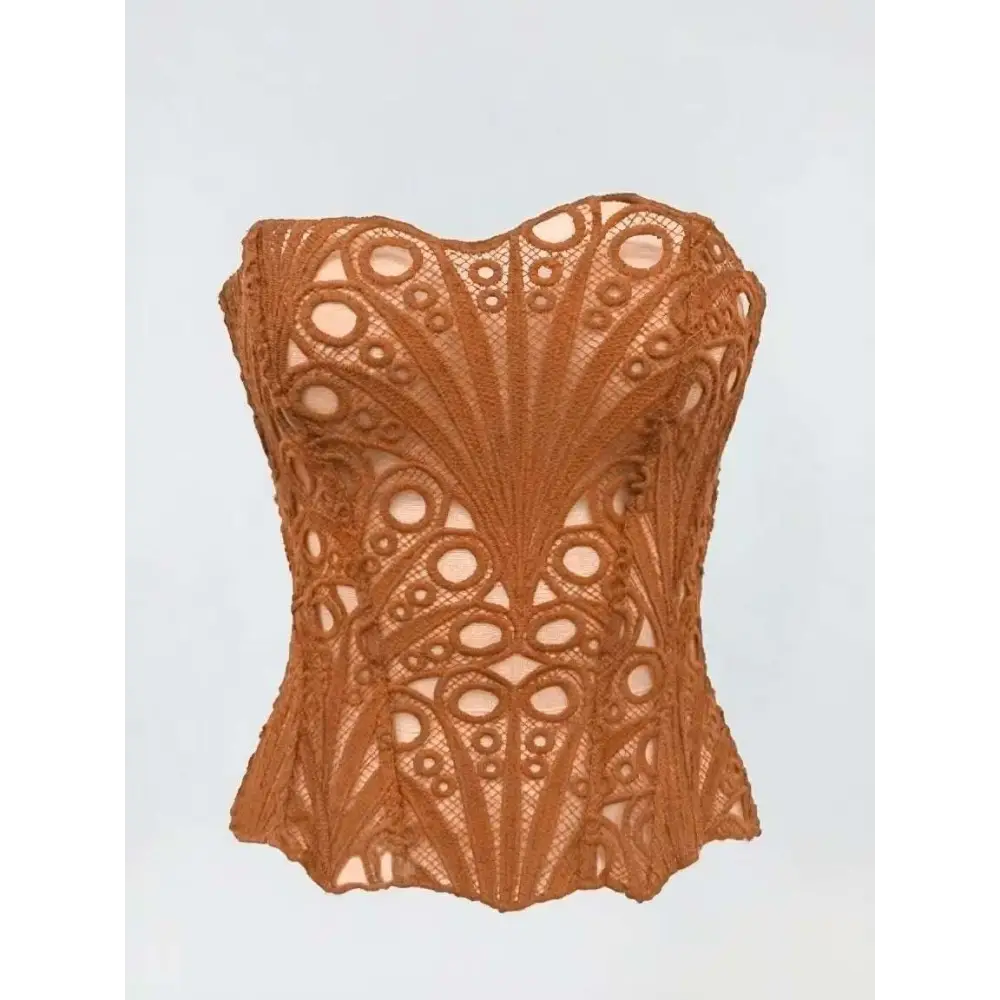 A brown lace hollow out corset with intricate circular and fan-shaped patterns for streetwear party club use