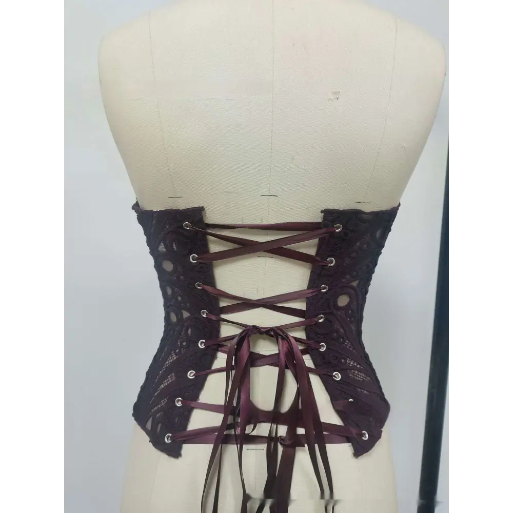 Black lace hollow out club corset clothing with burgundy satin lacing and silver eyelets for streetwear party club use