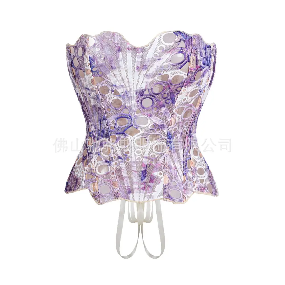 A delicate white lace hollow out party club corset clothing with lavender accents and intricate circular cutouts