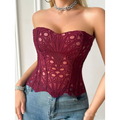 A maroon lace hollow corset with intricate circular and feather-like patterns for streetwear party club clothing