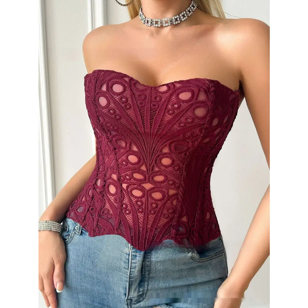 A maroon lace hollow corset with intricate circular and feather-like patterns for streetwear party club clothing