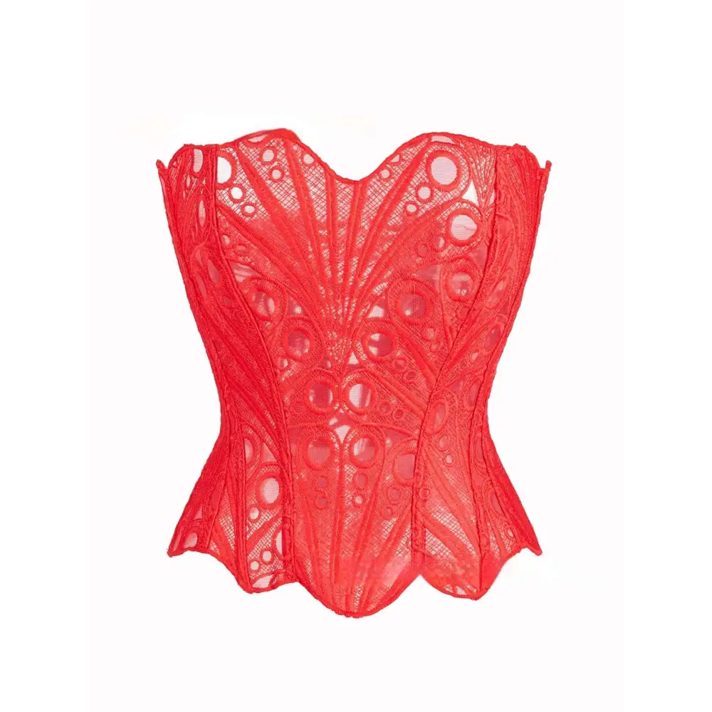 A vibrant red lace hollow corset with intricate circular and fan patterns for streetwear party club clothing