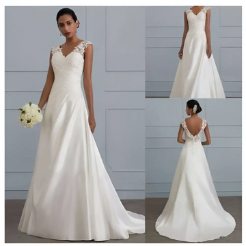 Back view of a white lace satin a-line wedding gown with flowing satin fabric and delicate lace detailing on shoulders and back