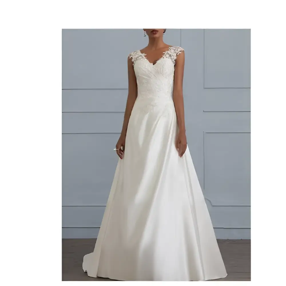 White lace satin a-line wedding gown in white satin with delicate lace detailing on bodice and sleeves