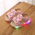 Pink children’s sandals with decorative bows and white led flashing soles cute flower flashing princess shoes